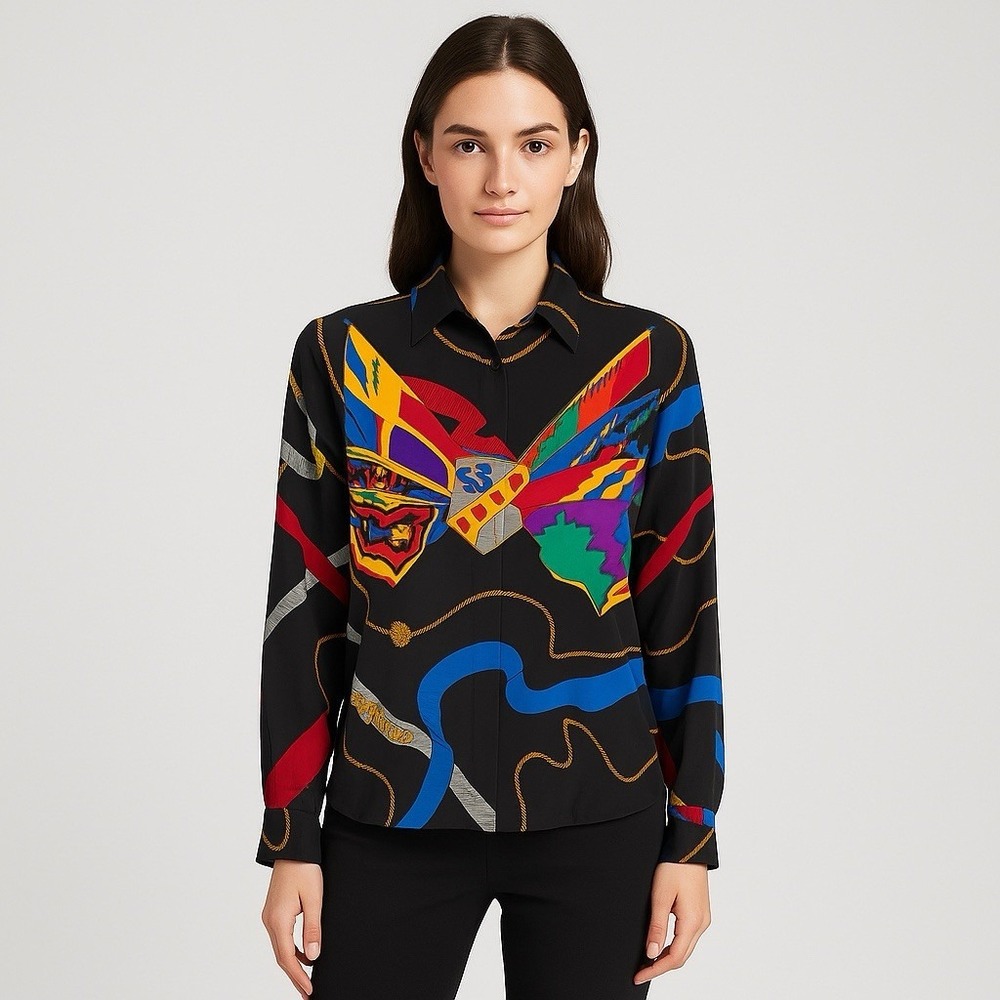 Ellen Tracy Silk Shirt 14 Baroque Heraldic Crest Rope‎ Chain Psychedelic